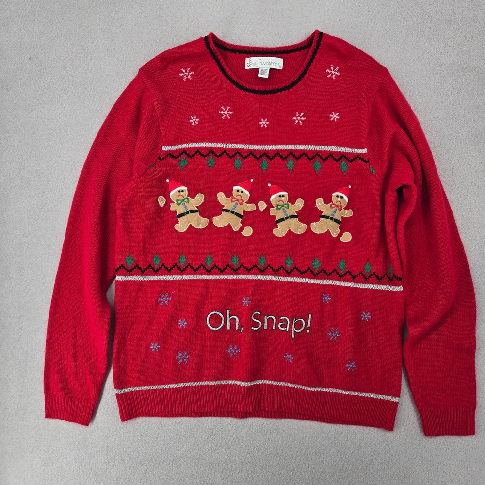 Jolly Sweaters Womens XL Red Oh Snap Gingerbread Ugly Christmas Sweater Festive